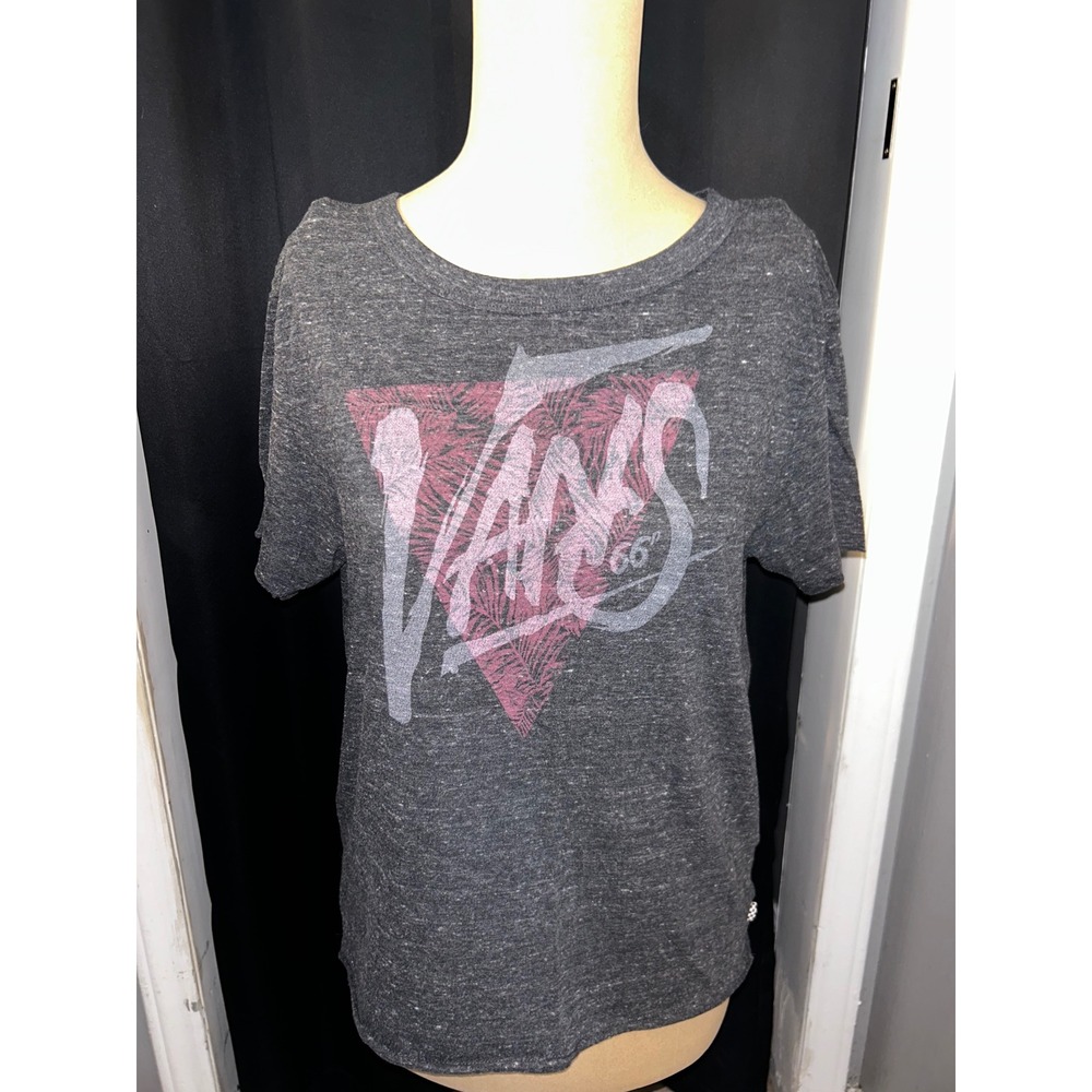 Vans Off The Wall Womens XS Charcoal Gray Pink Logo Open Back Graphic T-Shirt